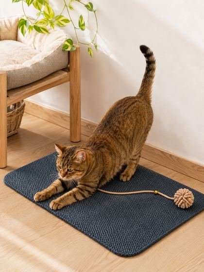 Gerinen bir kedi ve gri kedi tırmalama paspası